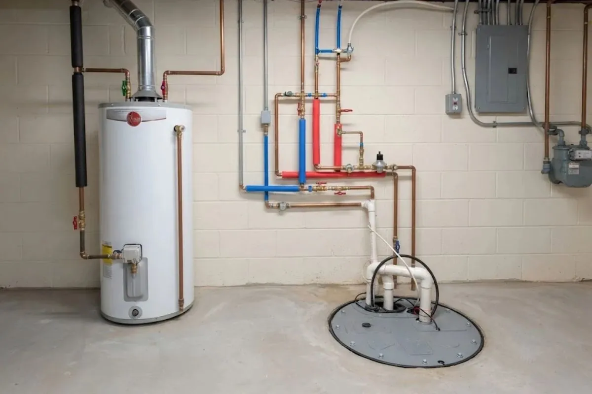 Basement with a water heater, copper pipes, a breaker panel and a sump pit