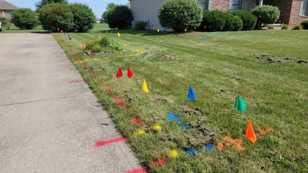 Utility locate marks and flags on a lawn before digging