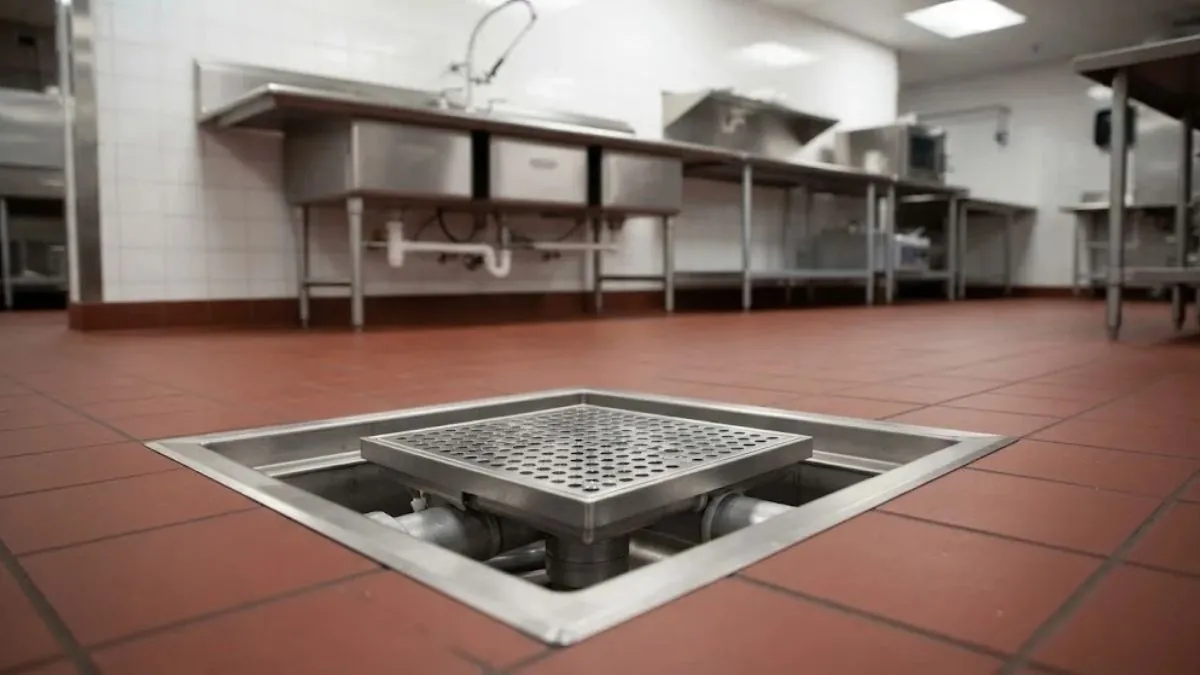 Floor drain and steel sink in a commercial kitchen