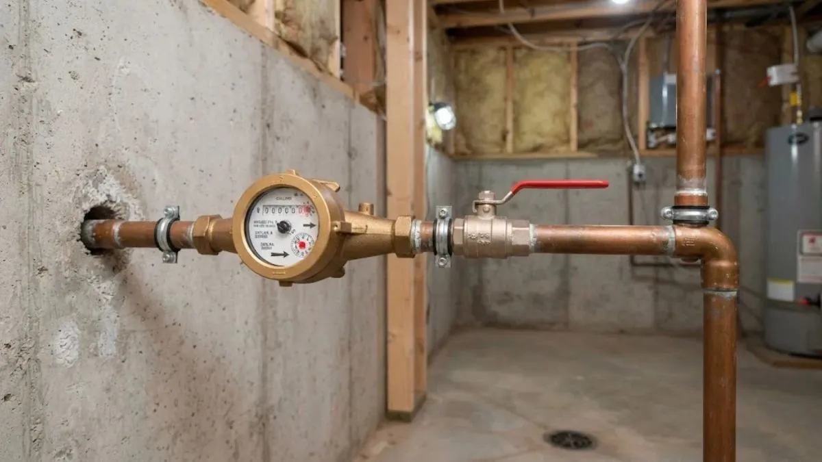 Water meter and main shutoff valve in a basement