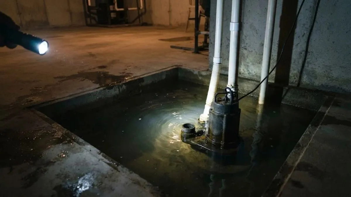 Sump pit filling with water and a submerged pump