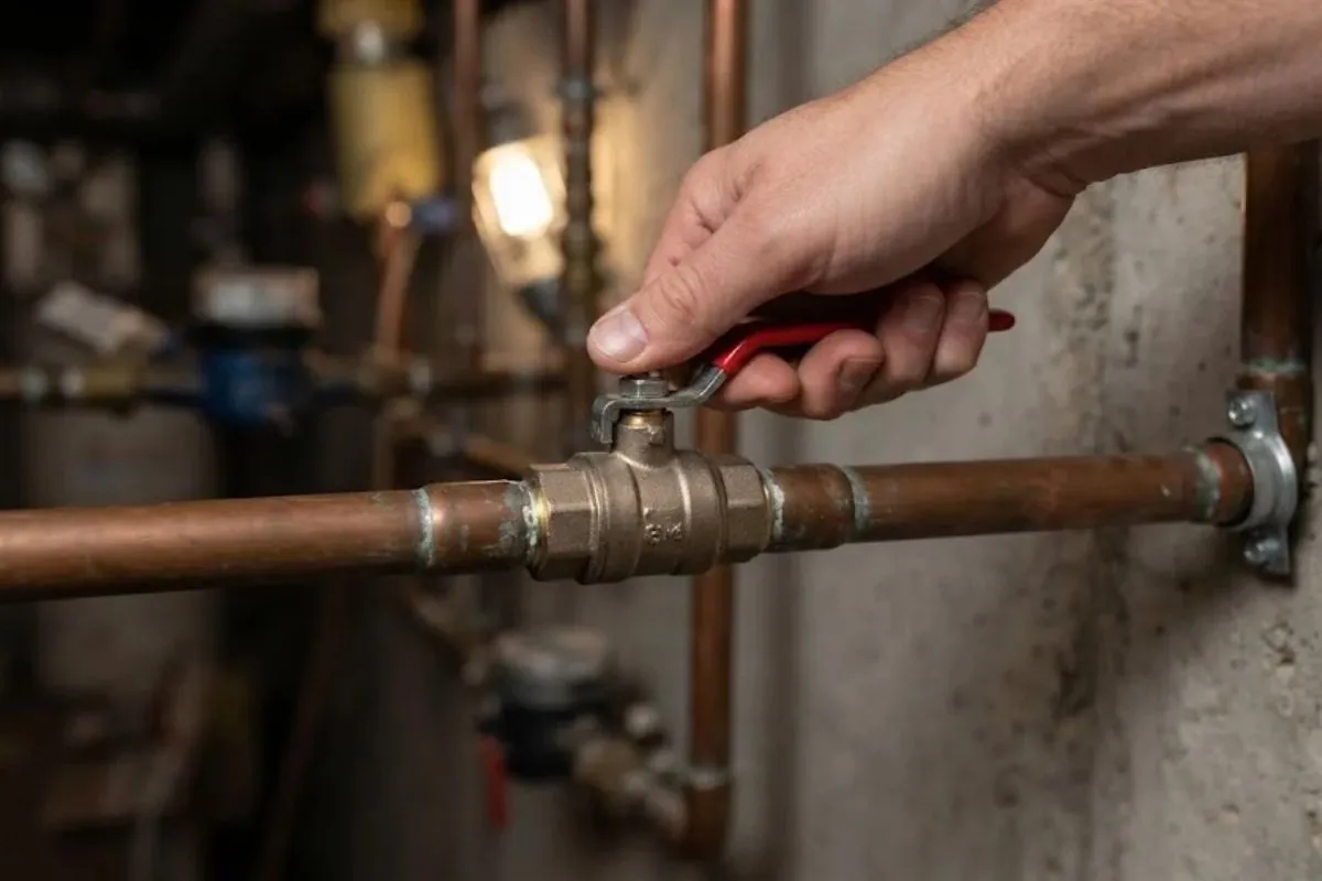 Hand closing a ball-valve main water shutoff on a copper line